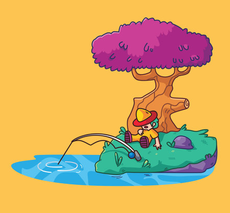 cute fisherman sleeping under tree. Isolated cartoon person illustration. Flat Style Sticker element vectorのイラスト素材