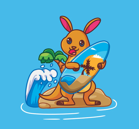 cute cartoon kangaroo summer surfing beach. isolated cartoon animal illustration vectorのイラスト素材