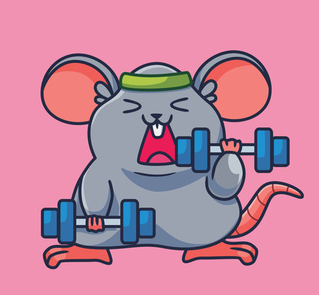 cute cartoon mouse lifting weight. isolated cartoon animal illustration vectorのイラスト素材
