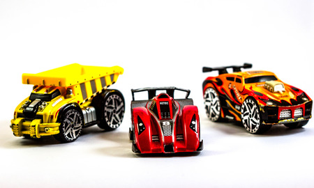 Metal toy car on white background