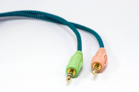two headphones jack  on white backgroundの写真素材