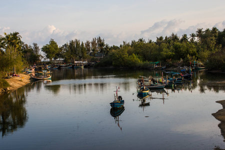 fishing boats in canal near the sea at  Prachuap Khiri Khan Thailand.の写真素材