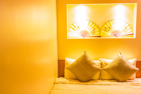 Warm lighting coming out from beautiful lamps in bedroomの写真素材