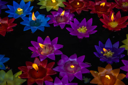 Light of candles flower shape on waterの写真素材