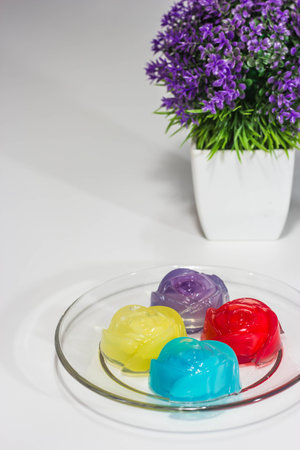 colorful jelly dessert in  glass dishの写真素材