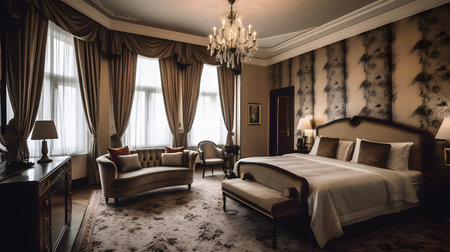 Beautifully decorated hotel room with a plush bed and two ele. This image is created with AI.の素材