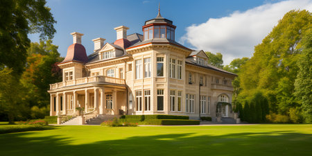 beautiful mansion with a large well-manicured lawn two. This image is created with AI.の素材