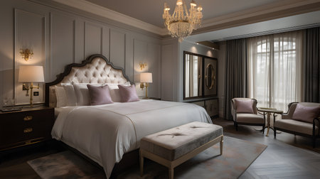 Beautifully decorated hotel room with a plush bed and ele one. This image is created with AI.の素材