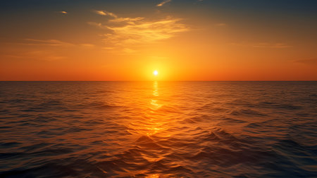 bright orange sun setting over a calm ocean symbolizing a one. This image is created with AI.の素材
