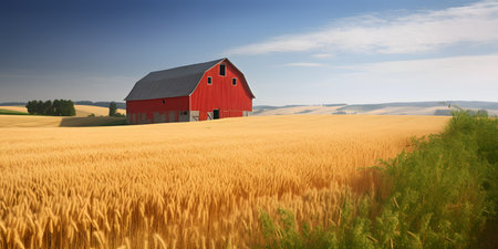 bright red barn surrounded by fields of wheat. This image is created with AI.の素材