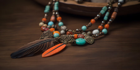 bohemian style necklace with feathers and beads one. This image is created with AI.の素材