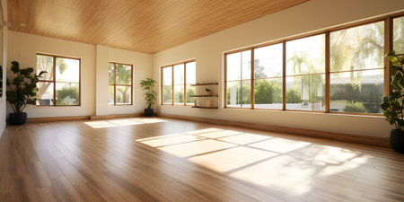 bright and airy yoga studio with bamboo floors and plenty. This image is created with AI.の素材