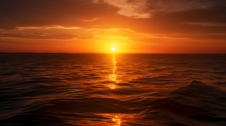 bright orange sun setting over a calm ocean symbolizing a. This image is created with AI.の素材