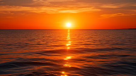 bright orange sun setting over a calm ocean symbolizing a three. This image is created with AI.の素材
