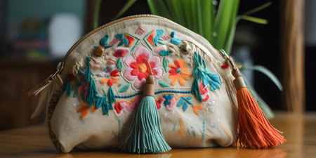 bohemian style purse with tassels and embroidery. This image is created with AI.の素材