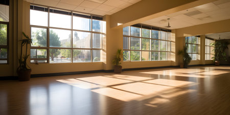 bright and airy yoga studio with bamboo floors and plenty two. This image is created with AI.の素材