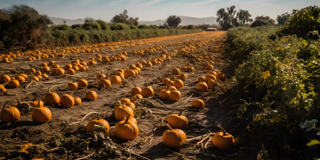 bright orange pumpkin patch ready for harvest. This image is created with AI.の素材