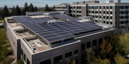 building with a large solar panel array on the roof. This image is created with AI.の素材