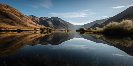 calm lake surrounded by mountains with a reflection of the two. This image is created with AI.の素材