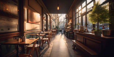 City escape a cozy cafe on a quiet street in a bustling c. This image is created with AI.の素材
