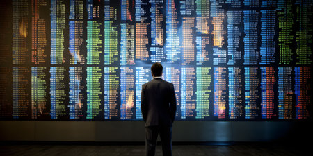 businessman standing confidently in front of a large wall three. This image is created with AI.の素材