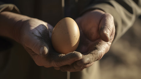 close-up of a farmer's hand holding a freshly laid egg three. This image is created with AI.の素材