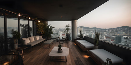 chic and trendy rooftop bar with stunning views of the ci one. This image is created with AI.の素材