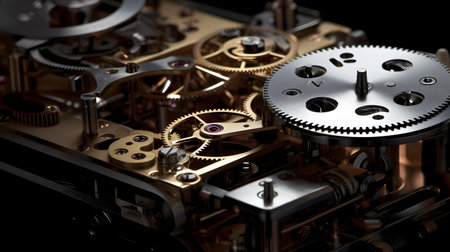 close-up of a complex mechanical device. This image is created with AI.の素材