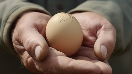 close-up of a farmer's hand holding a freshly laid egg. This image is created with AI.の素材