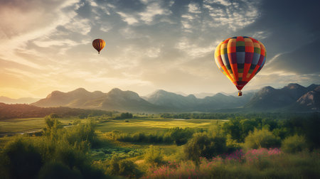 colorful hot air balloon flying over a scenic landscape two. This image is created with AI.の素材