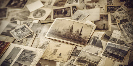 collage of vintage postcards creates an eclectic and uniq three. This image is created with AI.の素材