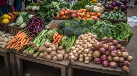collectionofvariousvegetablesbeingsoldatafarmer three. This image is created with AI.の素材