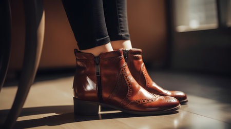 close-up of a womans stylish ankle boots one. This image is created with AI.の素材
