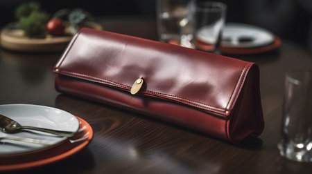 close-up of a womans stylish clutch purse on a restaurant one. This image is created with AI.の素材