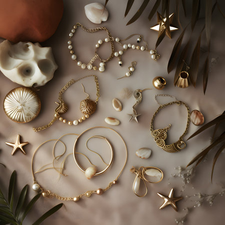 collection of delicate gold jewelry pieces ideal for two dresses. This image is created with AI.の素材