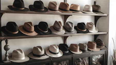 Collection of chic and trendy hats displayed on a two shelf. This image is created with AI.の素材