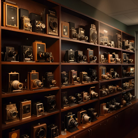 collection of antique cameras in a display case one. This image is created with AI.の素材