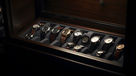 collection of luxury watches sits on a velvet-lined displ one. This image is created with AI.の素材
