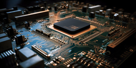 close-up of an advanced chip with intricate circuitry. This image is created with AI.の素材