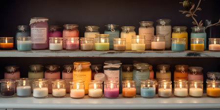 collection of scented candles in glass jars on a shelf. This image is created with AI.の素材