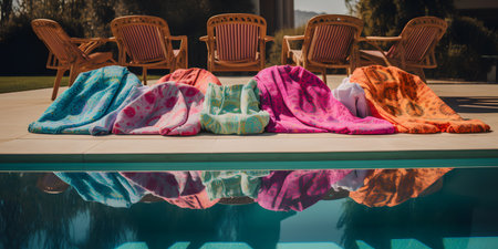 collection of colorful swimsuits laid out on a pool chair one. This image is created with AI.の素材