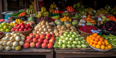 colorful display of fresh fruits and vegetables at an ope one. This image is created with AI.の素材