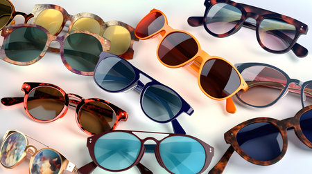 collection of designer sunglasses in various shapes and c. This image is created with AI.の素材