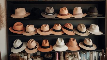 collection of chic and trendy hats displayed on a shelf three. This image is created with AI.の素材
