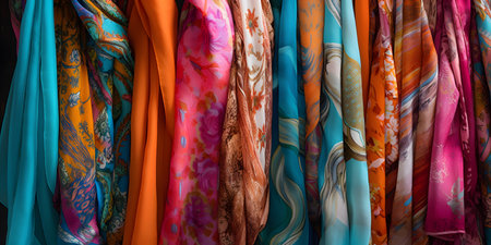 collection of colorful and patterned silk scarves ideal f. This image is created with AI.の素材