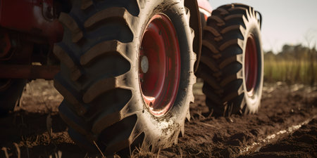 closeup of a shiny red tractor tire in a dirt field one. This image is created with AI.の素材