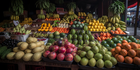 colorful display of fresh fruits and vegetables at an ope three. This image is created with AI.の素材