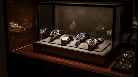 collection of luxury watches sits on a velvet-lined display two. This image is created with AI.の素材