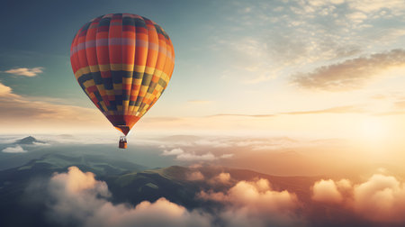colorful hot air balloon floating above the clouds. This image is created with AI.の素材