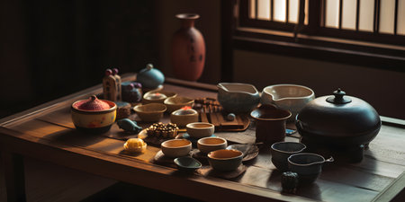 Culture traditional Japanese tea ceremony with a beautifu one. This image is created with AI.の素材